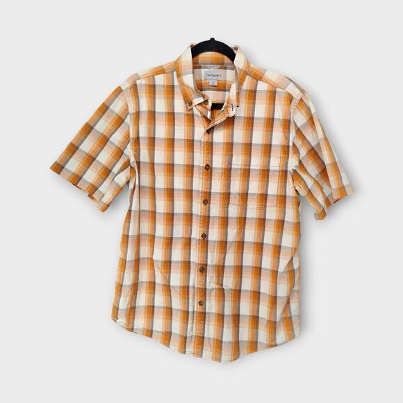 Mens Carhartt Relaxed Fit Short Sleeve Button Down Orange Plaid Size Large - Picture 1 of 4